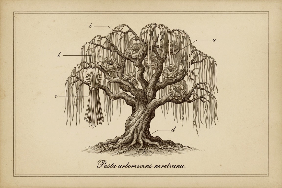 Botanical engraving of the Bosnian spaghetti tree (Pasta arborescens neretvana): weeping strand clusters, coiled fruiting nests, a bound curing sheaf, and a spreading root flare